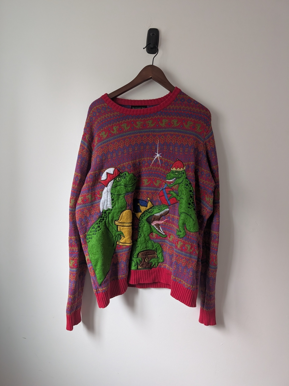 Holiday Crewneck Sweater with Green Dinosaur Appliqués - Red & Purple